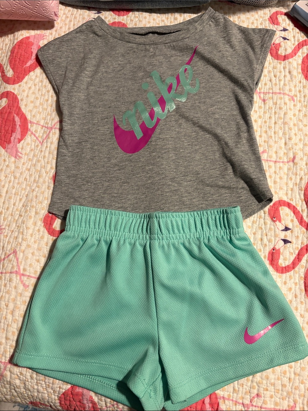 Nike Grey Crop Tee with Mint Green Athletic Shorts
